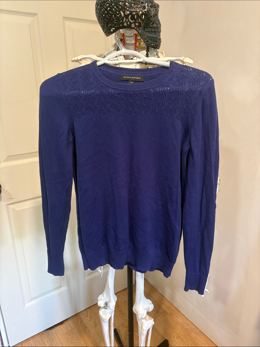 Banana Republic Men's Navy Blue Crewneck Sweater with Subtle Yoke Detail